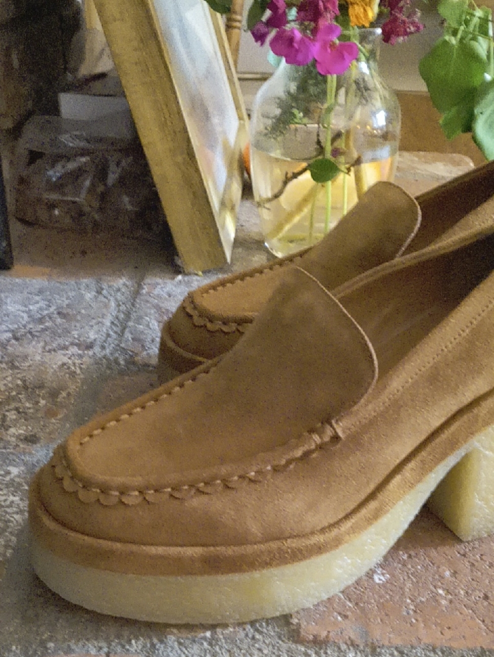 Women’s Suede Chunky Heel Loafers — Tan - Picture 7 of 10